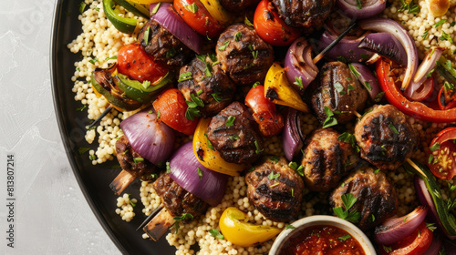 Savor the authentic flavors of morocco with our tasty lamb skewers, seasoned couscous, grilled veggies, and zesty harissa sauce photo