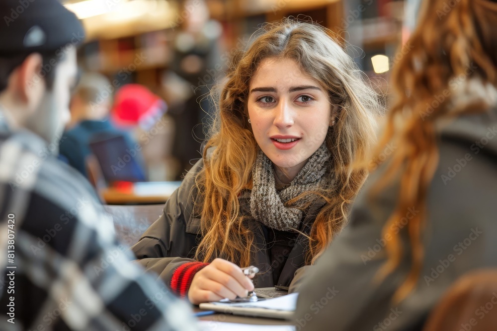 Closeup of students engaged in a lively discussion about course material while seated in comfortable armchairs in the librarys designated group study area, Closeup of students engaged in a lively discussion about course material while seated in comfortable armchairs in the librarys designated group study area,