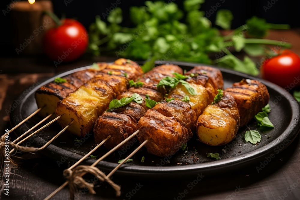 Char-grilled potato skewers garnished with fresh herbs on a dark plate, surrounded by tomatoes and greens Char-grilled potato skewers garnished with fresh herbs on a dark plate, surrounded by tomatoes and greens