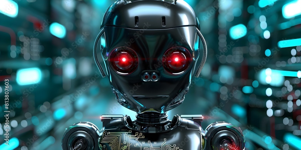 An Advanced Black Robot with Red Eyes and Glowing Circuit Board. Concept Sci-fi, Robotics, Artificial Intelligence, Futuristic Technology, Holographic Interfaces An Advanced Black Robot with Red Eyes and Glowing Circuit Board. Concept Sci-fi, Robotics, Artificial Intelligence, Futuristic Technology, Holographic Interfaces