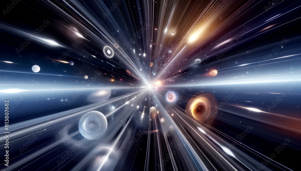 A cosmic burst with speeding light streaks emanating from a bright center, surrounded by multiple planets and swirling galaxies in a dark universe.