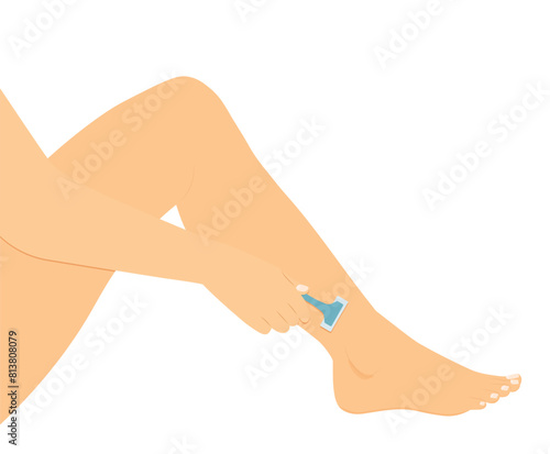 woman shaving leg with razor- vector illustration