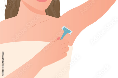 woman shaving armpit with razor -vector illustration
