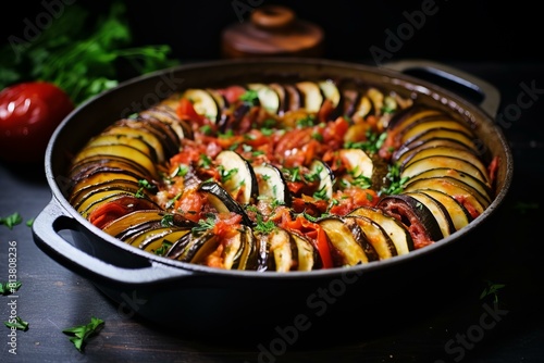 Freshly baked ratatouille displayed in a skillet, garnished with herbs on a dark background