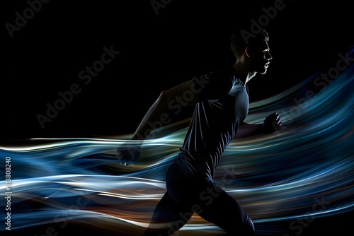 Young athlete runs fast, light painting speed effect, isolated on black background. © Maryna