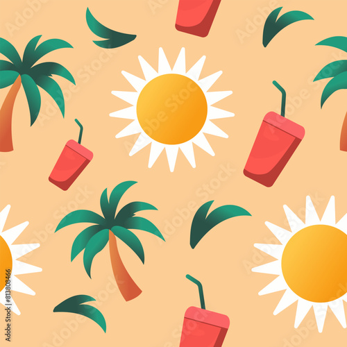 Vector seamless summer pattern with palm trees, cocktail and sun in a minimalist style.
