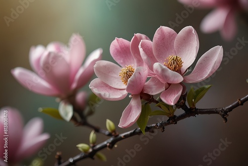 Pink spring magnolia flowers branch 