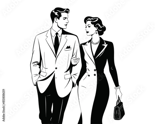 silhouette of retro vintage couple holding hands and walking. man and woman in suit and dress. couple in a date 80s style. vector illustration clip art.
