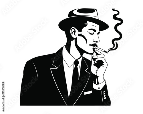 Silhouette of a vintage retro man in a hat smoking a cigarette. retro, vector illustration, vintage sketch hand drawn clip art