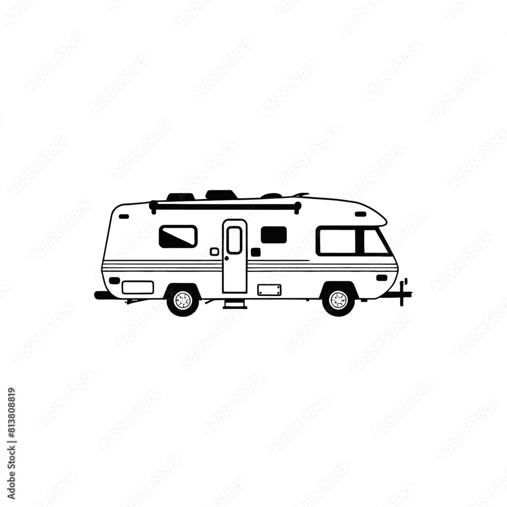 RV Camper trailer Motor Home silhouette. Campervan RV caravan vehicle isolated in white. camping car, Travel SUV, pickup, truck and transport vector illustration. hand drawn stock clip art