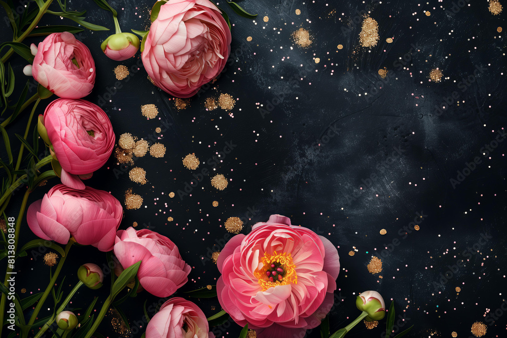 pink peonies and ranunculus flowers , border frame on a black ...