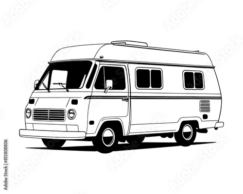 RV Camper trailer Motor Home silhouette. Campervan RV caravan vehicle isolated in white. camping car, Travel SUV, pickup, truck and transport vector illustration. hand drawn stock clip art