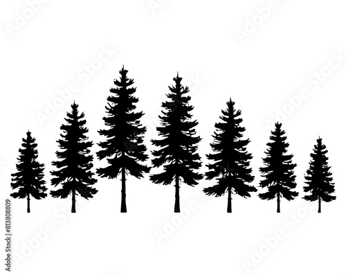 pine tree silhouette, Christmas tree clip art. Winter Holiday Symbols. spruce tree, ink plant sketch, hand drawing. Forest Fir Trees, Black Evergreen Woods vector illustration.