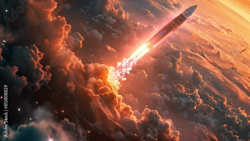 An artists rendering of a rocket blasting off into space with billowing flames and clouds of smoke underneath. photo