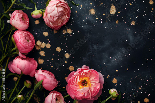 Fototapeta Naklejka Na Ścianę i Meble -  pink peonies and ranunculus flowers , border frame on a black background with gold glitter confetti sprinkles, in a top view. Copy space, dark floral greeting card