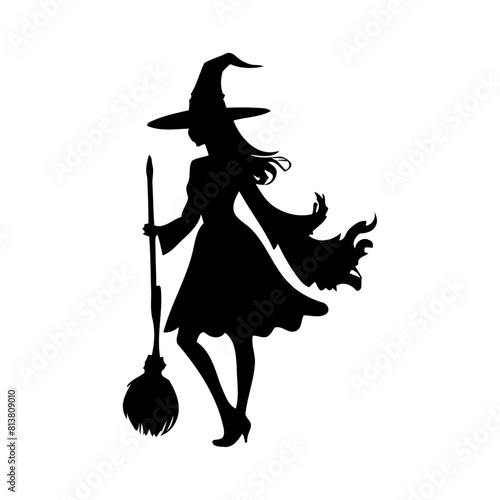 witches silhouettes vector illustration. mythical characters for Halloween witch drawing black and white. Magic female in witch hat outline clip art.