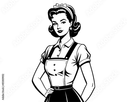 retro 80s style hand drawing of a waitress. female waiter in vintage style. beautiful woman waiter of a restaurant or coffee shop. 