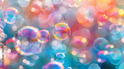 Colorful background with bubbles floating in the air, bright colors, light and shadow effects. Delicate textures of soap bubbles 