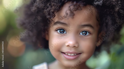 Beautiful Small Black Girl with Curly Hair and Bright Blue Eyes in Nature