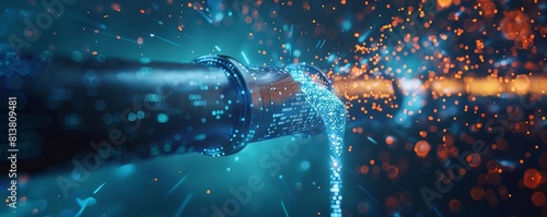 A conceptual digital artwork of a leaking pipe with data spilling out, symbolizing data loss in network failure