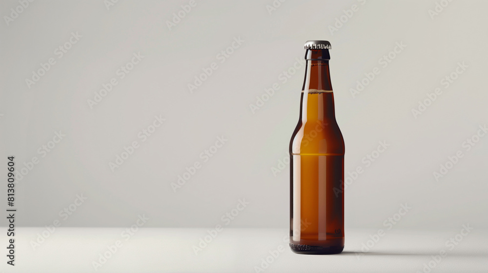 A single beer bottle with a sleek and modern design is showcased against a minimalist white background, emphasizing its simplicity and elegance. The clean composition and soft lighting highlight A single beer bottle with a sleek and modern design is showcased against a minimalist white background, emphasizing its simplicity and elegance. The clean composition and soft lighting highlight