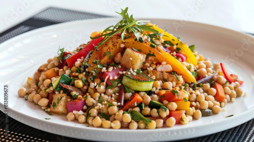 Vibrant moroccan chickpea salad with fresh veggies and herbs, presented on a chic white platter, ideal for a nutritious dish