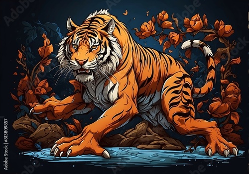 Tiger in the jungle. Vector illustration of a wild animal.