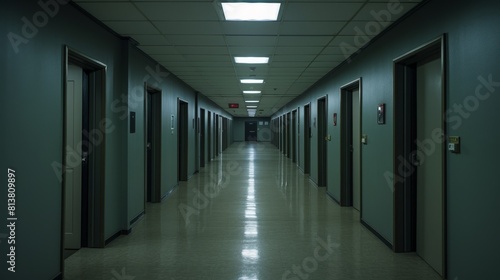 A gloomy corridor of an office building with Space for Rent signs