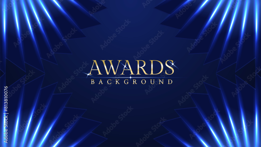 Obraz premium Dark blue luxury awards graphics background with light neon elegant shine spotlight effects. Premium corporate abstract design template. Banner certificate dynamic shape.