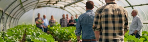 A farmer leading a tour group through a smart greenhouse controlled by cloudconnected sensors photo