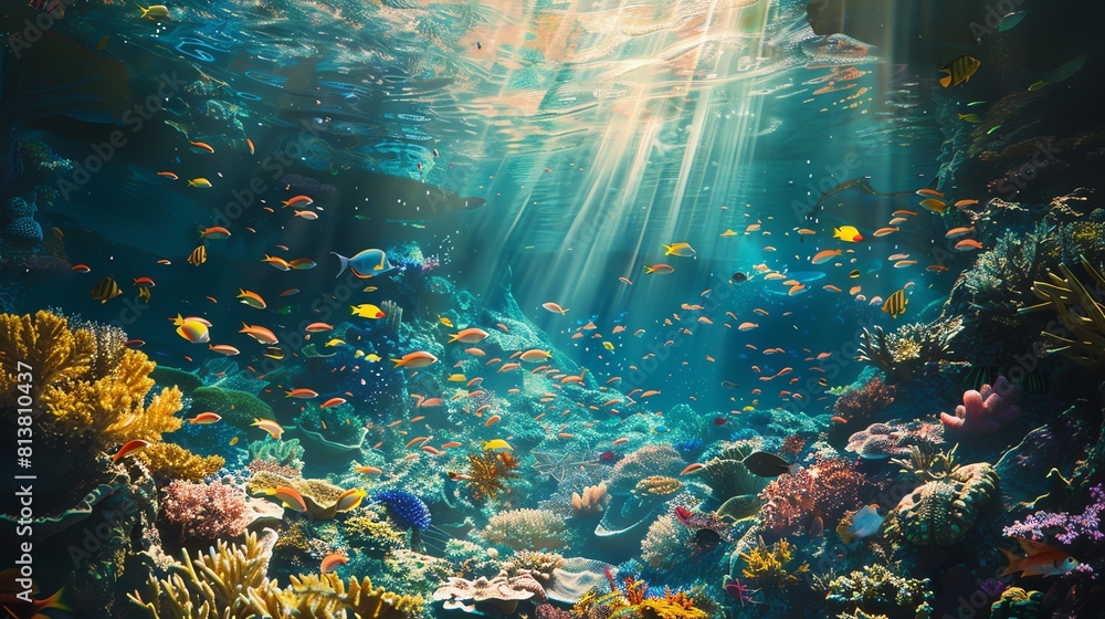 Obraz premium Underwater view of a coral reef with many colorful fish.