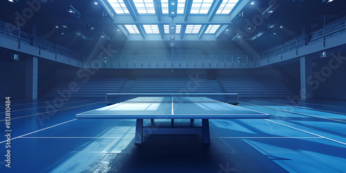 Table tennis venue Table tennis, World Cup table tennis standard table tennis table Illuminated by spotlights, a table tennis scene unfolds against a dark background photo