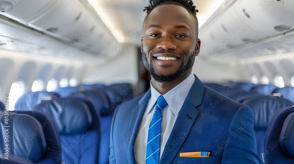 Handsome black man flight attendant smiling standing in the middle of an airplane cabin.
Handsome black man flight attendant smiling standing in the middle of an airplane cabin.