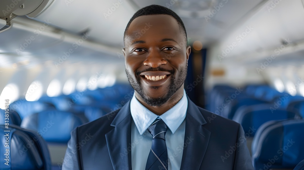 Handsome black man flight attendant smiling standing in the middle of an airplane cabin.
Handsome black man flight attendant smiling standing in the middle of an airplane cabin.