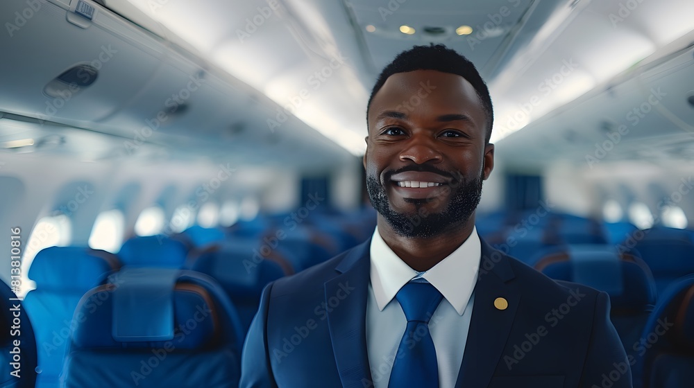 Handsome black man flight attendant smiling standing in the middle of an airplane cabin.
Handsome black man flight attendant smiling standing in the middle of an airplane cabin.