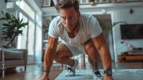 The muscular fit man is training at home in his bright living room with minimal interior while using a stopwatch on his phone. He is wearing a t-shirt and shorts, and he is doing mountain climber