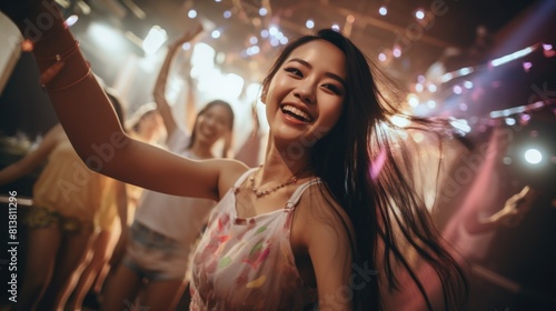 Joyful Young Woman Dancing at Vibrant Nightclub Party