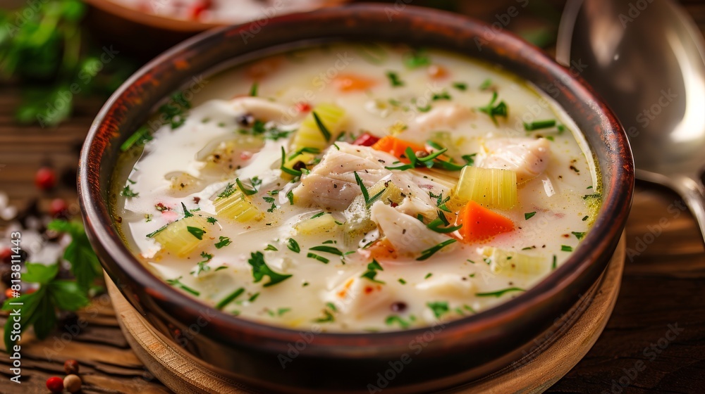 American cuisine. Milk soup with cod, celery and pepper.