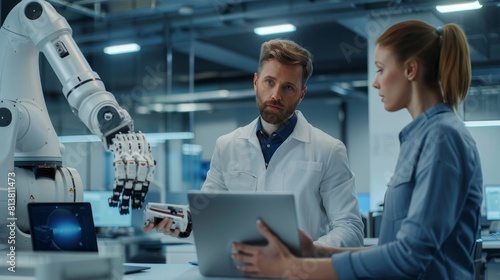 In the background  there is a working robot arm in the background and a female chief engineer talking to a male electronics specialist  who holds a laptop computer. A modern and bright office is