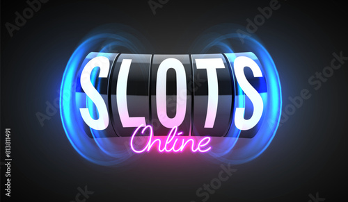 Slots online. Black slot machine wins the jackpot. 777 Big win concept. Casino jackpot.