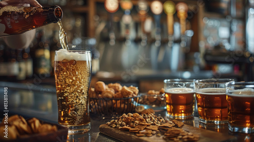 A glass of beer is poured into a glass on a table photo