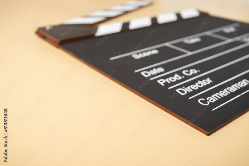 Cinema clapper board, film production, behind the scenes, director's tool. Cinema clapper board, film production, behind the scenes, director's tool.