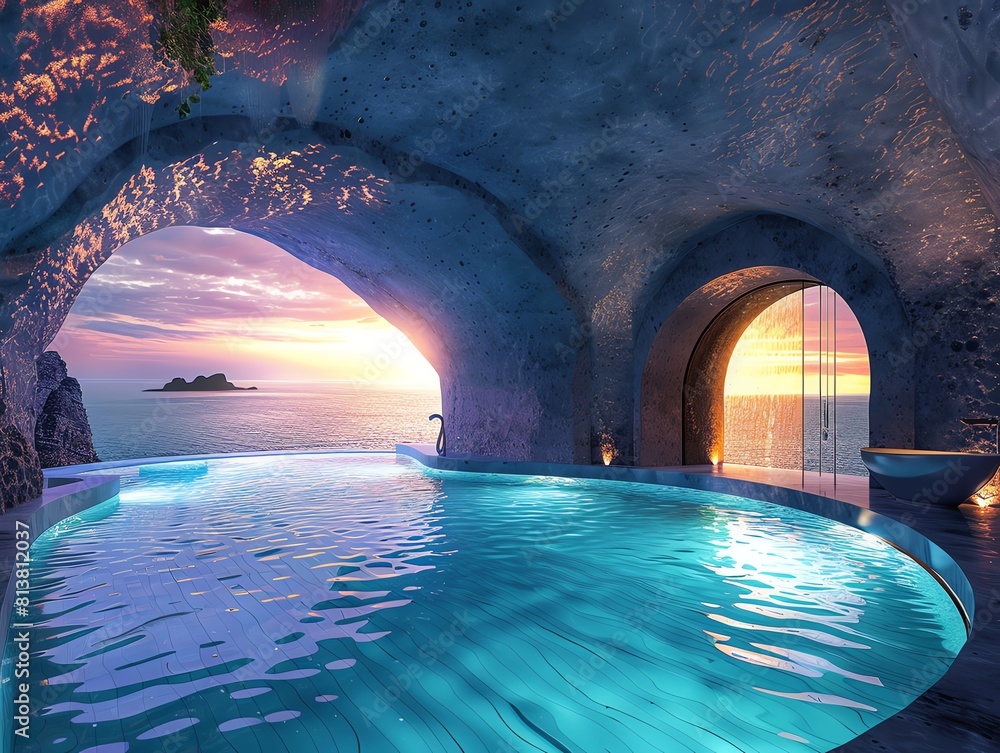 Design an infinity pool inside a cave with a rock waterfall feature. Make the cave modern with clean lines and simple design. The pool should have an amazing view of the ocean. Design an infinity pool inside a cave with a rock waterfall feature. Make the cave modern with clean lines and simple design. The pool should have an amazing view of the ocean.