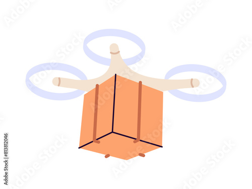 Drone delivery, box delivery by drone, unmanned copter delivering cardboard box, cardboard parcel, unmanned transportation service, automated aerial robots, courier flying flat vector illustration.