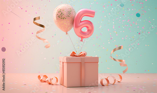 The sixth birthday is a special day, so a gift in an elegant box with a balloon in the shape of the number 6, colorful confetti and bows on a delicate background of pastel colors