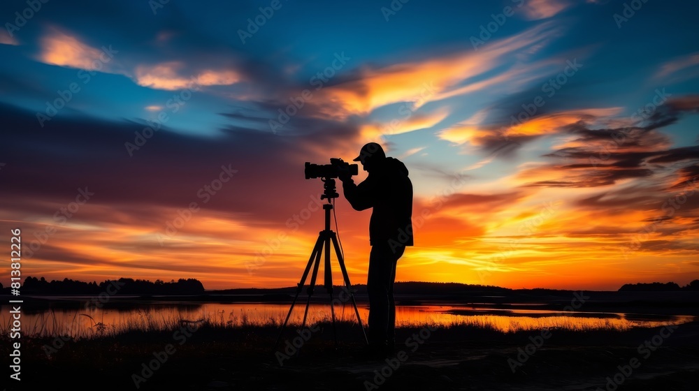 Silhouette of a photographer capturing the sunset, camera on a tripod, framed against the vibrant sky