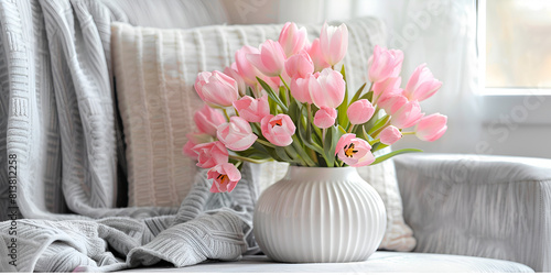 Vase with beautiful flowers on window sill Beautiful tulips in vase on windowsill space for text