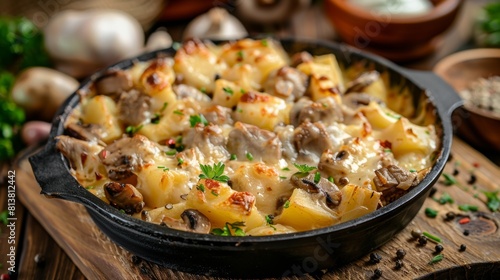 Dishes of American cuisine. Potato casserole with meat and mushrooms. 
