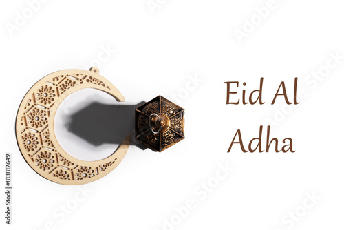 Eid al Adha, traditional Arabic lantern, glowing in the crescent moonlight, symbol of Islamic festivity