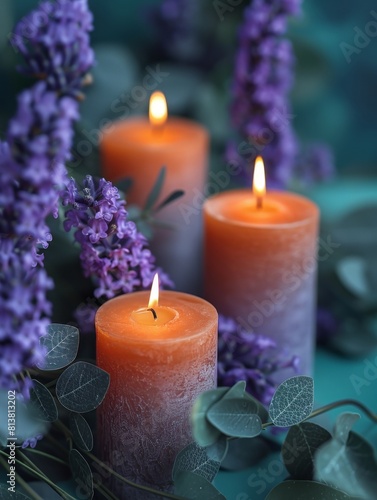 Flat lay of lavender candles on gray background  natural style with copy space for text  Candle on Gray Background with Natural Elements. High-Resolution 4K Wallpaper for a Peaceful Atmosphere